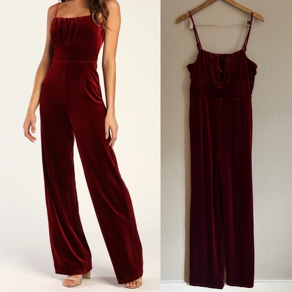 Romantic Cutie Burgundy Velvet Sleeveless Wide-Leg Jumpsuit